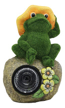 Whimsical Flocked Grass Toad Frog On Rock Garden Statue With Solar LED Light