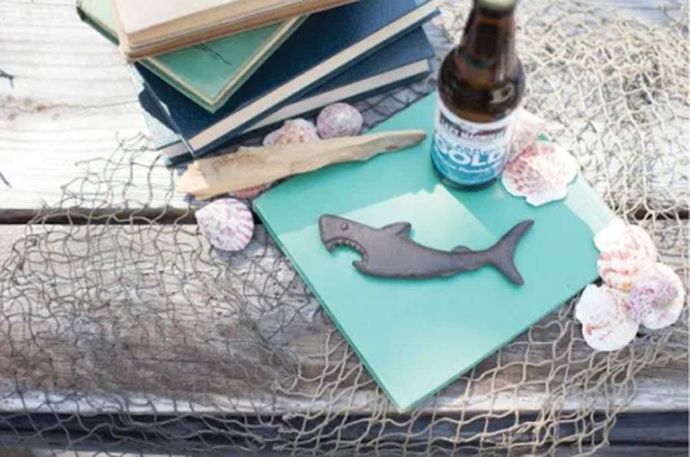 Ebros Cast Iron Metal Nautical Coastal Attacking Jaws Great White Shark Soda Beer Bottle Cap Opener 6.5" Long Rustic Bronze Finish Tide Beach Apex Predator Sharks Party Hosting Decor Accessory (4)