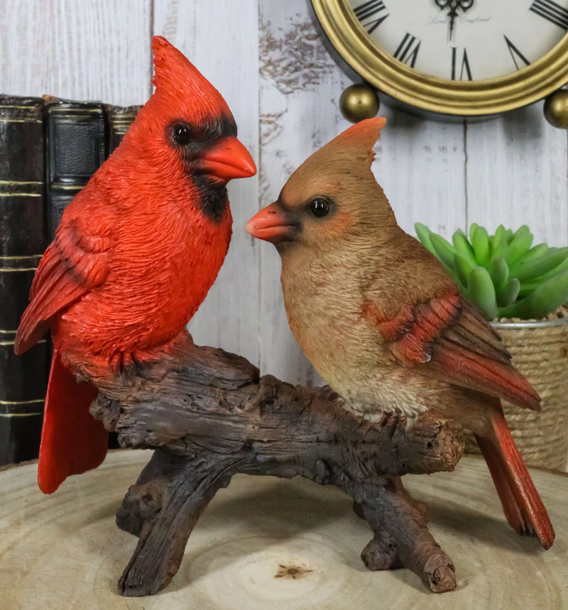 Northern Red And Brown Cardinal Male And Female Birds Couple On Branch Figurine