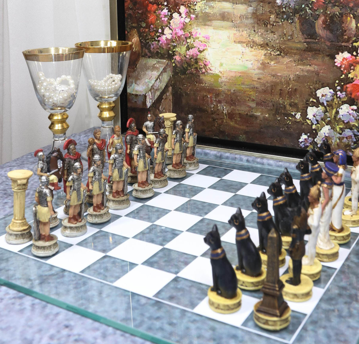 Ebros Pharaoh Egyptian VS Caesar Roman Empire Resin Chess Pieces W/ Glass Board - Ebros Gift