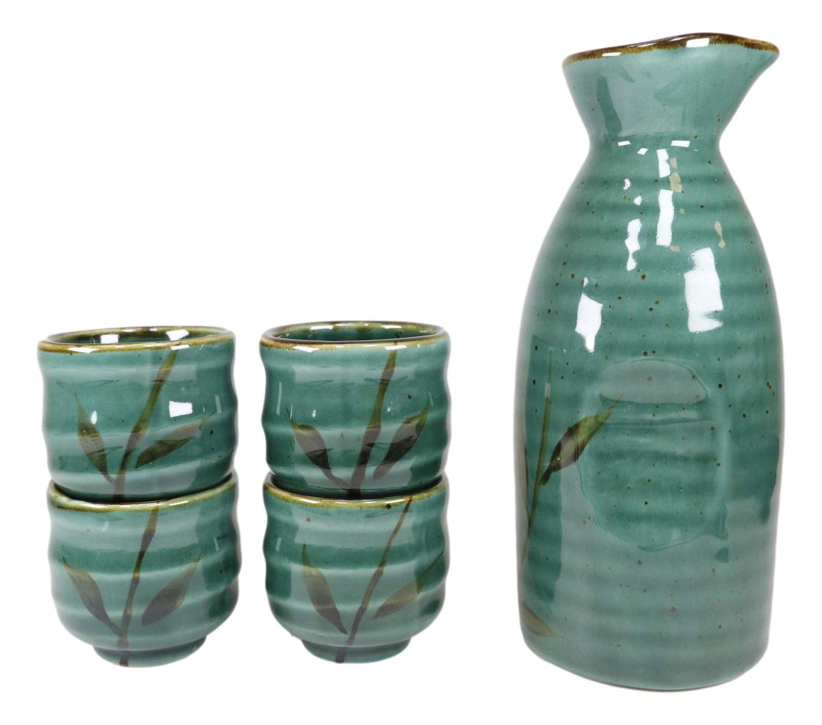 Ebros Japanese Design Porcelain Wetlands Reed Rice Wine Sake Flask With Four Cups Set - Ebros Gift