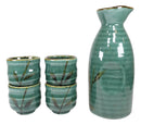 Ebros Japanese Design Porcelain Wetlands Reed Rice Wine Sake Flask With Four Cups Set