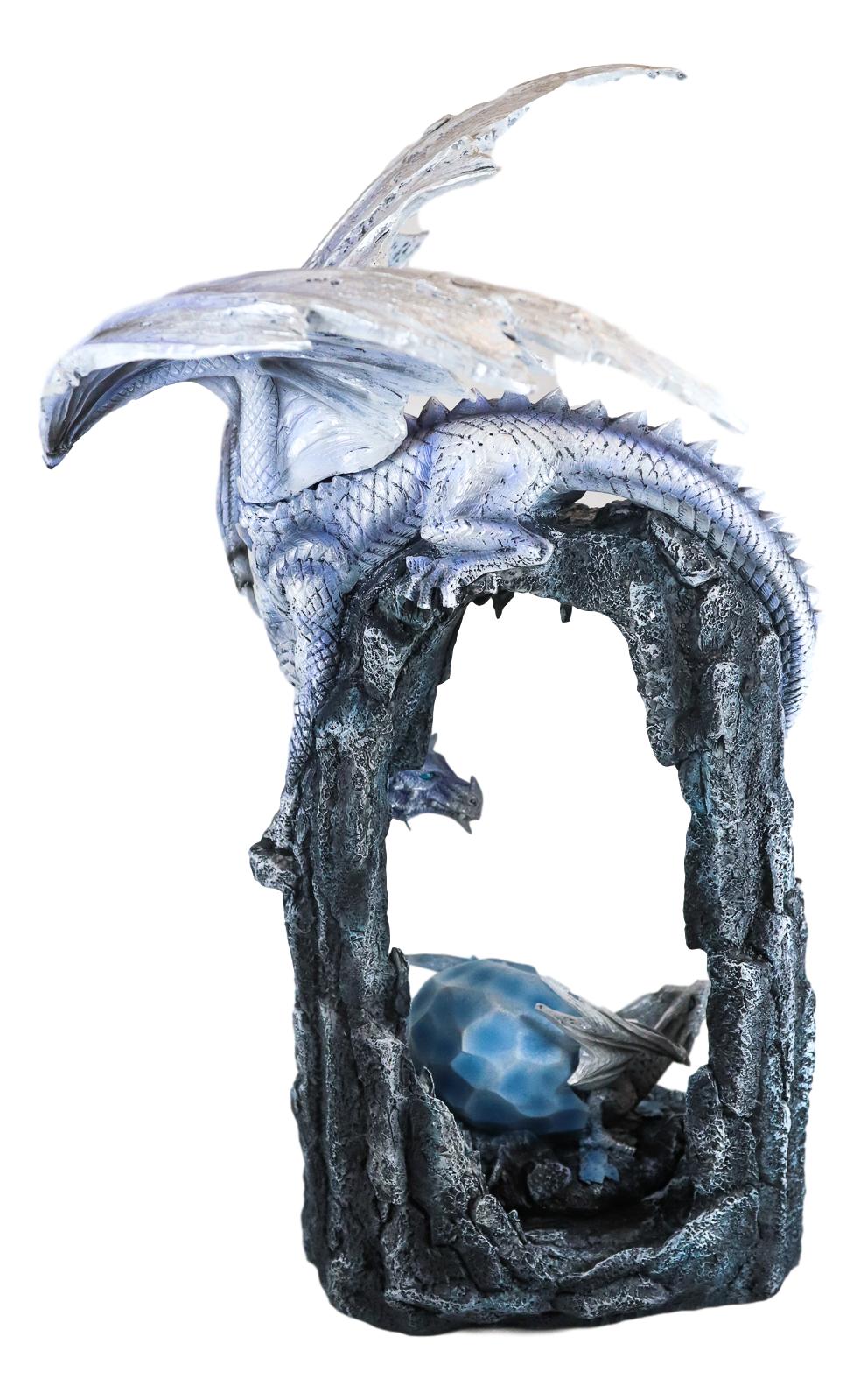 Ebros  21"H White Frozen Dragon On Cavern With Wyrmling Hatchling In Egg Statue