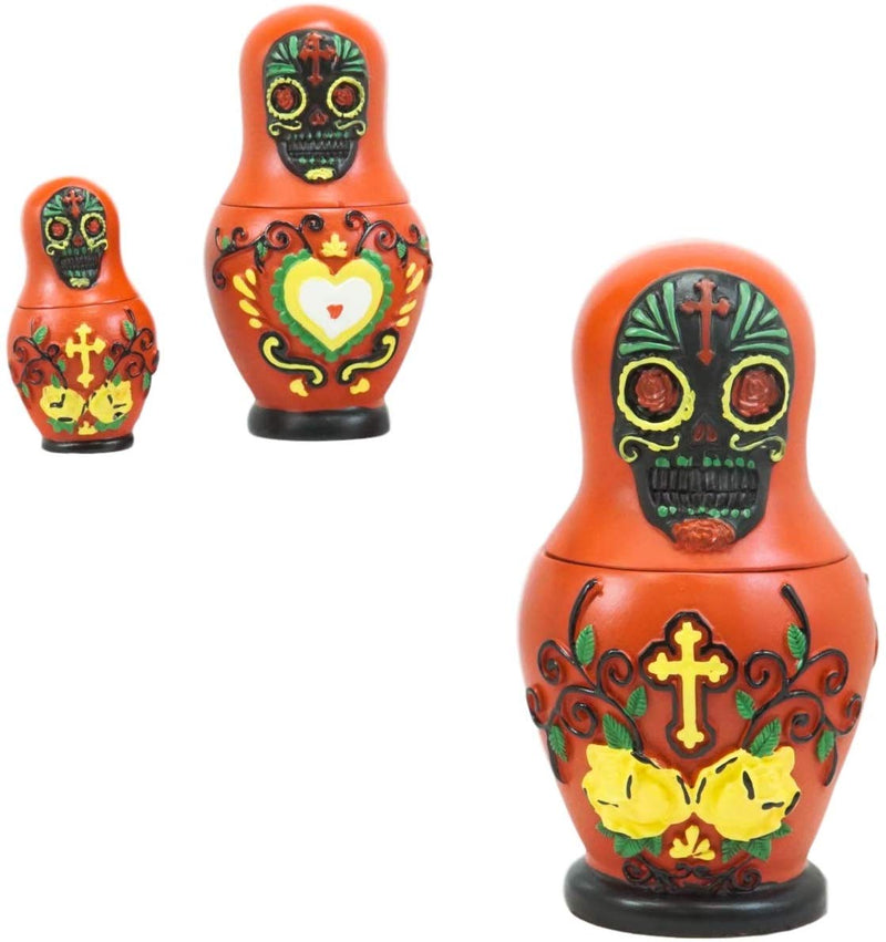 Ebros 3 Piece Set Red Sugar Skulls Nesting Dolls Matroyshka Babushka Figurines - Ebros Gift