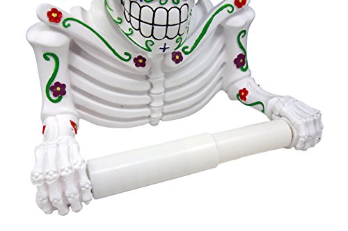 Ebros Gift White Day Of The Dead Sugar Skull Floral Skeleton Toilet Paper Holder Bathroom Wall Decoration Figurine