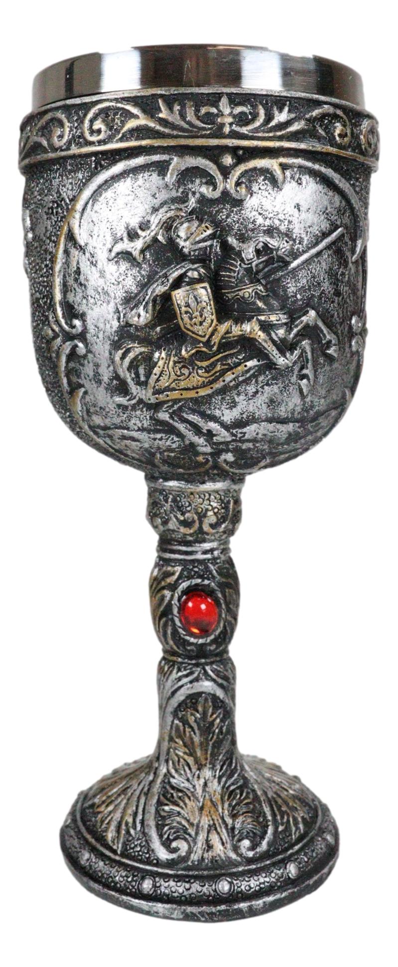 Medieval Knight Of Chivalry On Charging Horse Wine Goblet Royal Wine Chalice