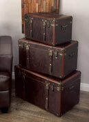 Set Of 3 Stackable Large Wood Vintage Brown Leather Trunk Case Boxes Organizer