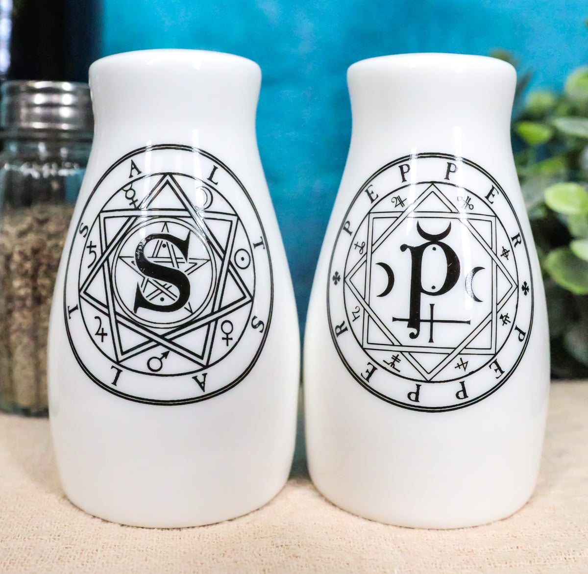 Wicca Sacred Geometry Pentacles Crescent Moons Ceramic Salt n Pepper Shakers Set - Ebros Gift