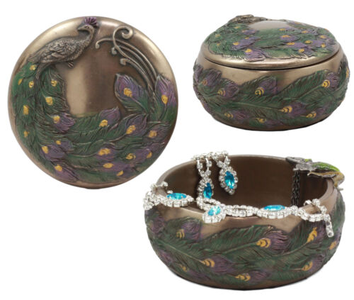 Art Nouveau Beautiful Iridescent Tailed Peacock Round Jewelry Box - Ebros Gift