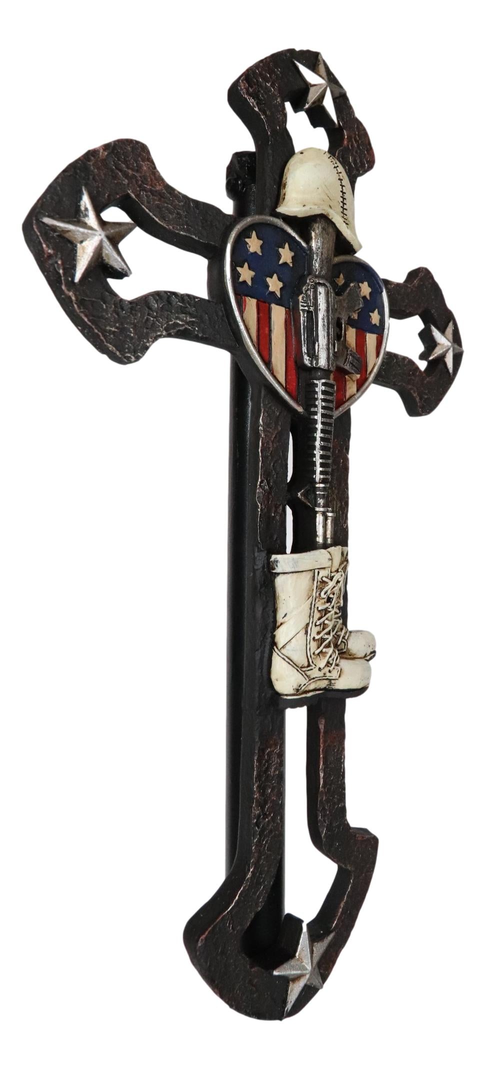 Rustic Western Stars USA Flag Heart Fallen Soldier Boot Rifle Helmet Wall Cross