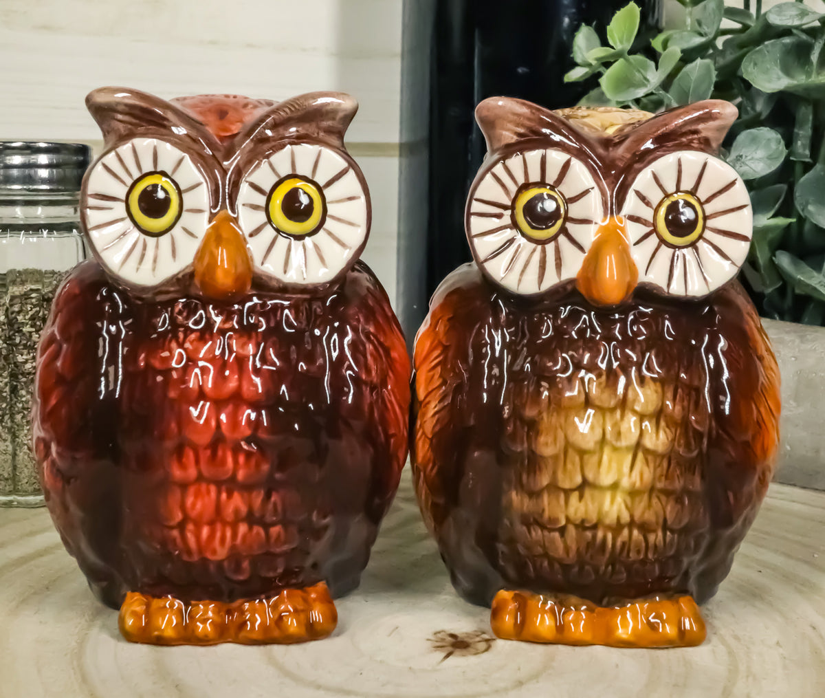 Nocturnal Tropical Great Horned Owl Couple Ceramic Salt Pepper Shakers Figurines - Ebros Gift