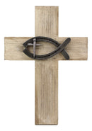 Ebros Rustic Wooden Greek Ichthys Christ Fish Symbol Wall Cross Plaque 14" H