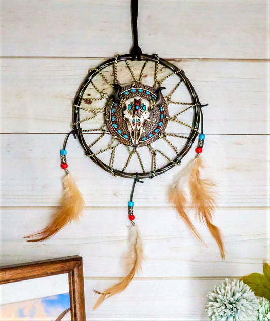 Ebros Native American Animal Spirit Buffalo Skull Dreamcatcher Wall Decor 6.5"Di
