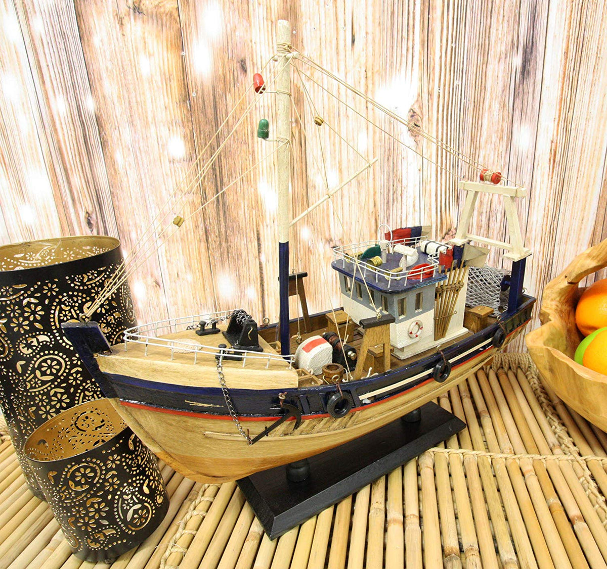 Ebros 17"L Wooden Handicraft Nautical Fishing Vessel Boat Model with Wood Base - Ebros Gift