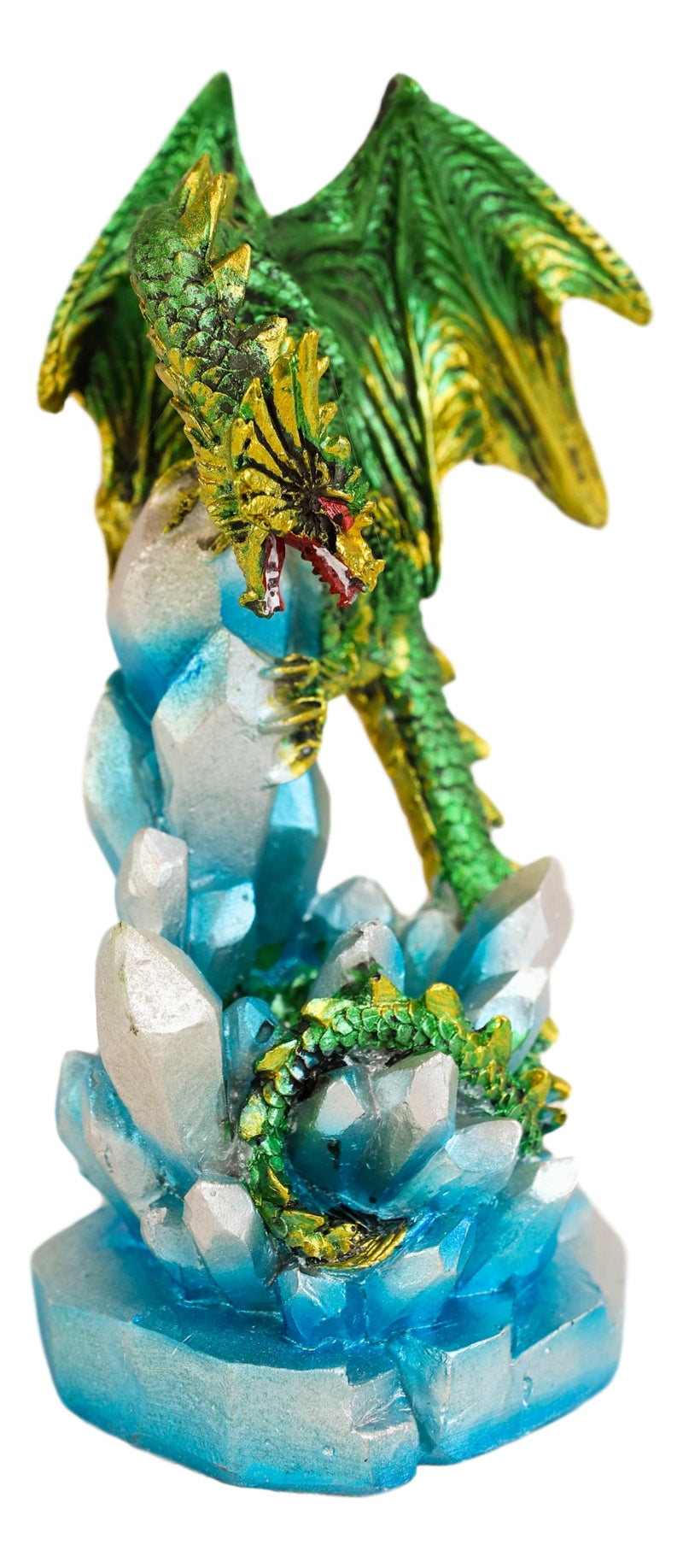 Green And Gold Cosmic Dragon On Blue Crystal Stalactite Rock LED Light Statue