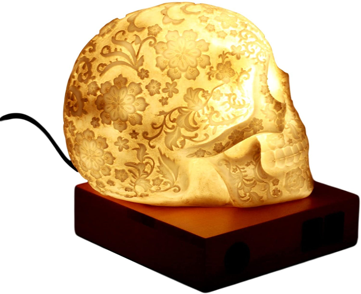 Ebros Day of The Dead Floral Skull Side Table LED Night Light Statue With Two USB Charging Dock On Wood Base