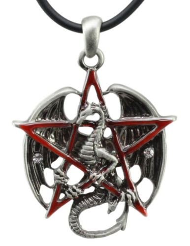 Gothic Red Pentagram Star Dragon Pendant Pewter Necklace Fantasy Mythical Legend - Ebros Gift
