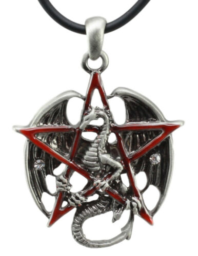 Gothic Red Pentagram Star Dragon Pendant Pewter Necklace Fantasy Mythical Legend