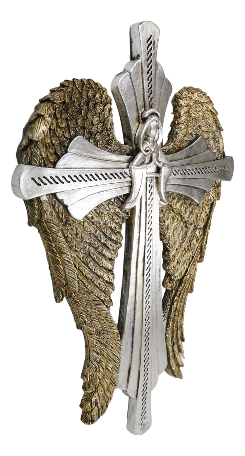 Rustic Western Faux Tooled Silver Praying Angel With Golden Wings Wall Cross