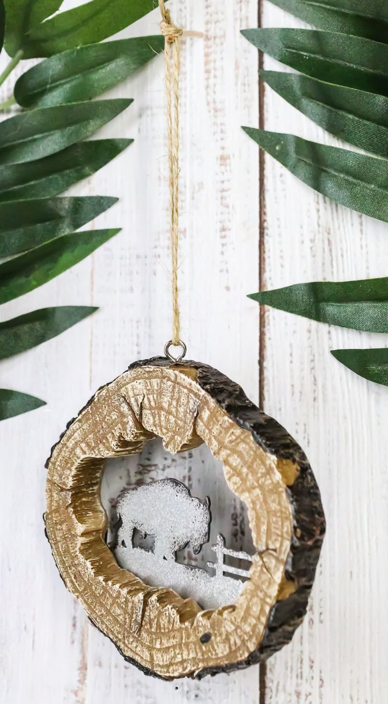 Rustic Western Bison Buffalo Faux Wood Log Set of 4 Christmas Tree Ornaments