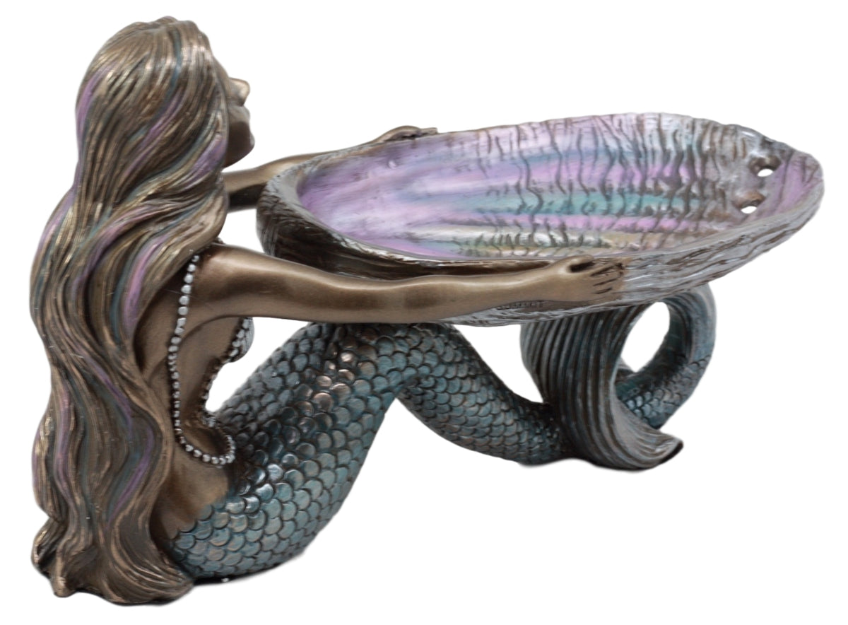 Ebros Gift Mermaid Holding Abalone Shell Platter Jewelry Dish Figurine 9"L Art Nouveau Soap Dish Key Holder Multi Function Decor