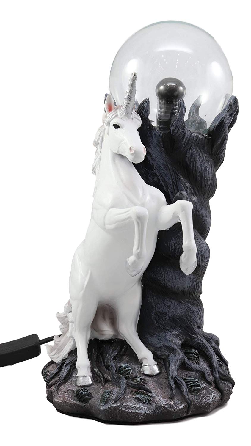 Ebros Majestic Power Rearing White Unicorn Electrostatic Plasma Ball Lamp Statue