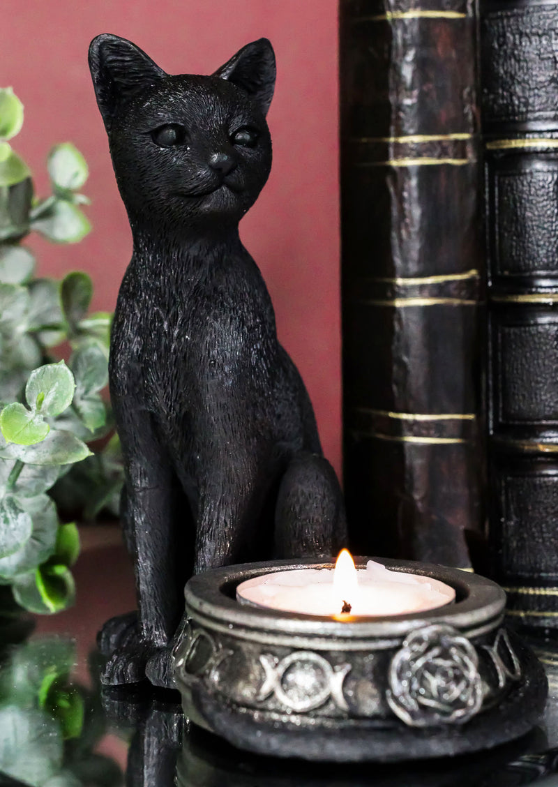 Wicca Gothic Black Cat With Triple Moon Rose Tea Light Votive Candle Holder