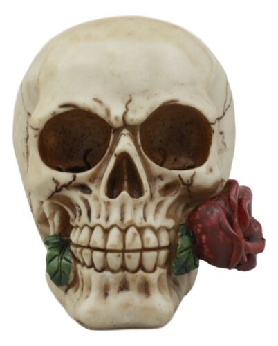 Romantic Goth Skull Biting A Stalk Of Red Rose Statue Lover Never Dies Eternal