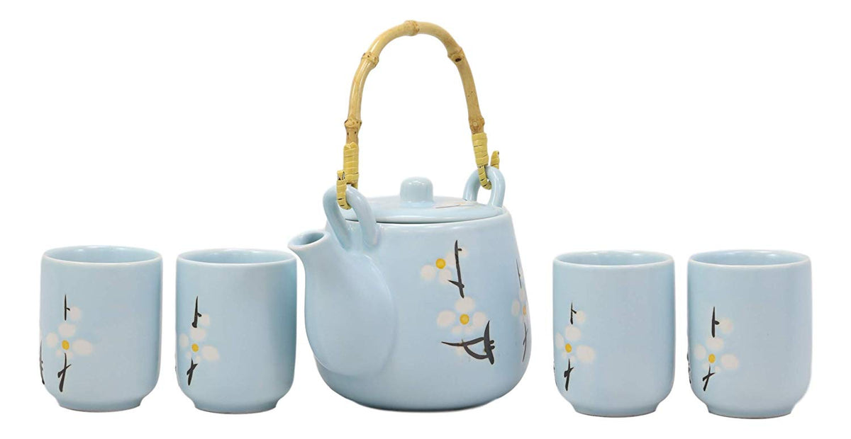 Ebros Gift Japanese Sakura Pastel Sky Blue Cherry Blossom Design Porcelain 20oz Tea Pot and 4 Cups Set Home Decor Asian Living Teapots Decorative Party Hosting Dining Table Accessories - Ebros Gift