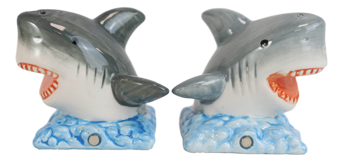 Ceramic Nautical Ocean Great White Sharks Salt And Pepper Shakers Figurine Set