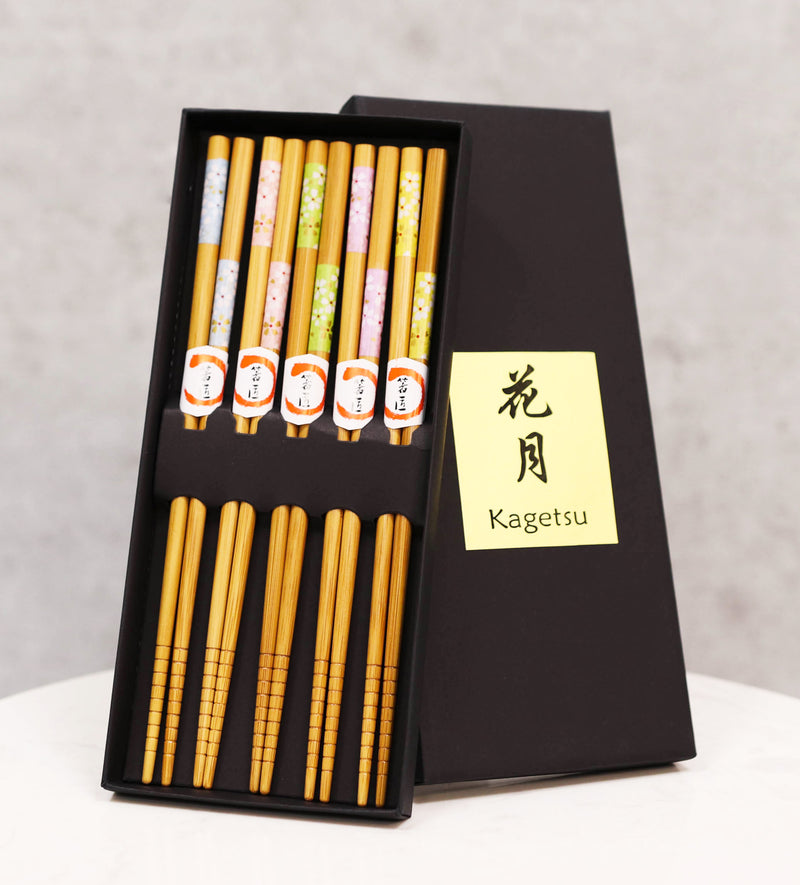 Reusable Bamboo Colorful Cherry Blossoms Set of 5 Ridged Chopsticks Pairs In Box