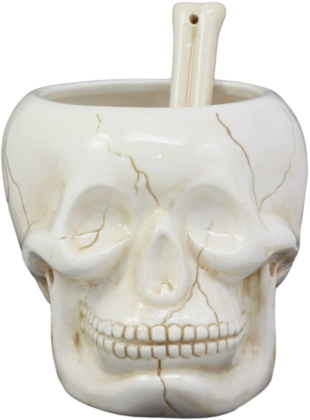 Ebros Ceramic Homosapien Human Skull Bowl With Skeletal Hand Spoon 6"Long 32oz - Ebros Gift