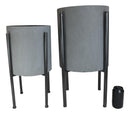 Set of 2 Contemporary Urban Grey Cast Iron Cylindrical Planter Pots With Stand