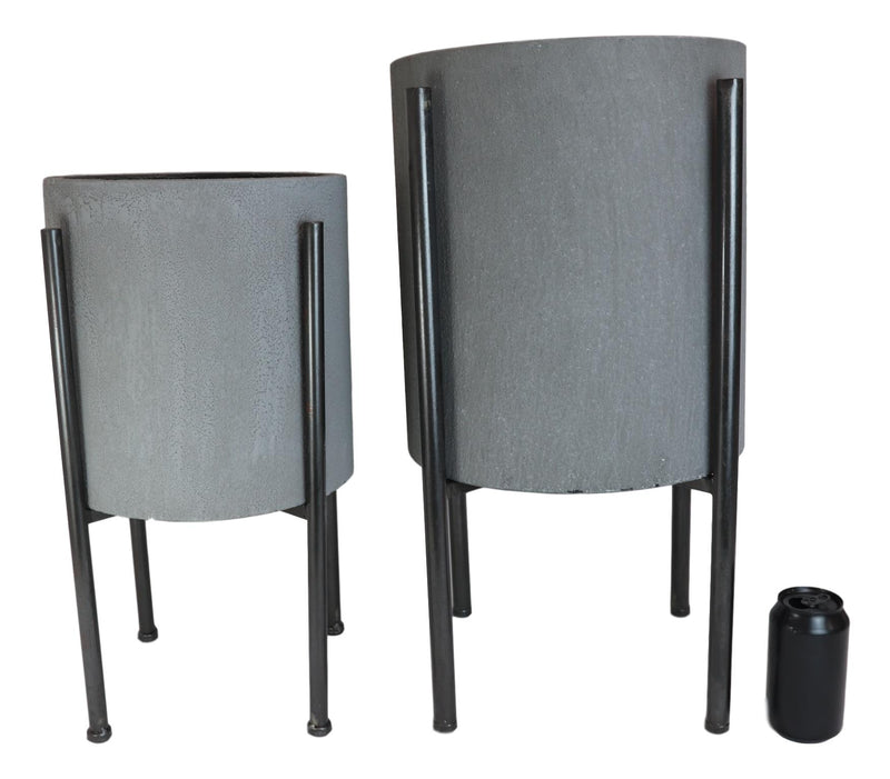 Set of 2 Contemporary Urban Grey Cast Iron Cylindrical Planter Pots With Stand