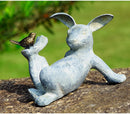 Large 12"L Aluminum Hare Rabbit Playing With Bird Buddy Garden Outdoor Statue