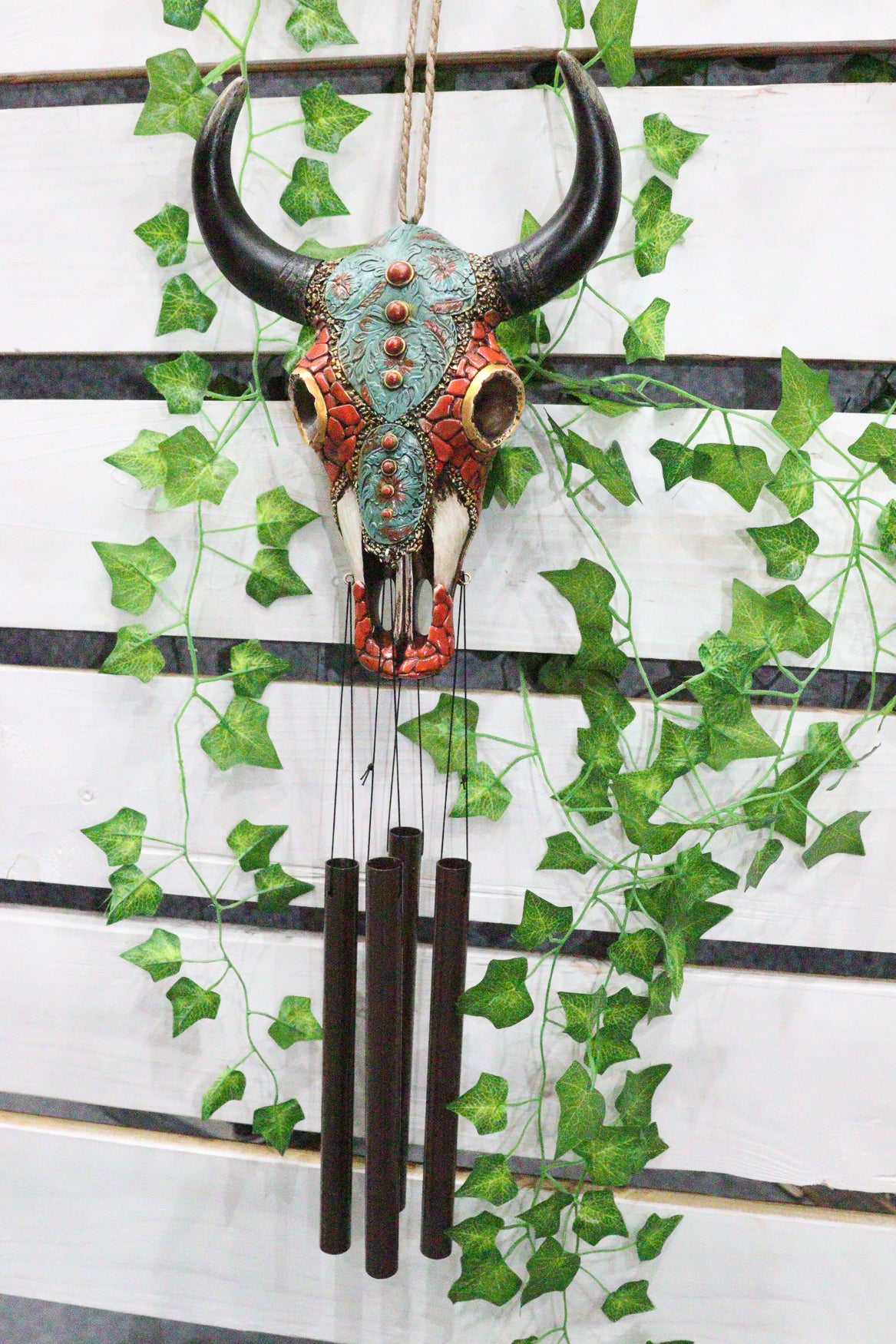 Set Of 2 Southwest Boho Chic Turquoise Ember Floral Scroll Cow Skull Wind Chimes