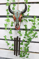 Set Of 2 Southwest Boho Chic Turquoise Ember Floral Scroll Cow Skull Wind Chimes