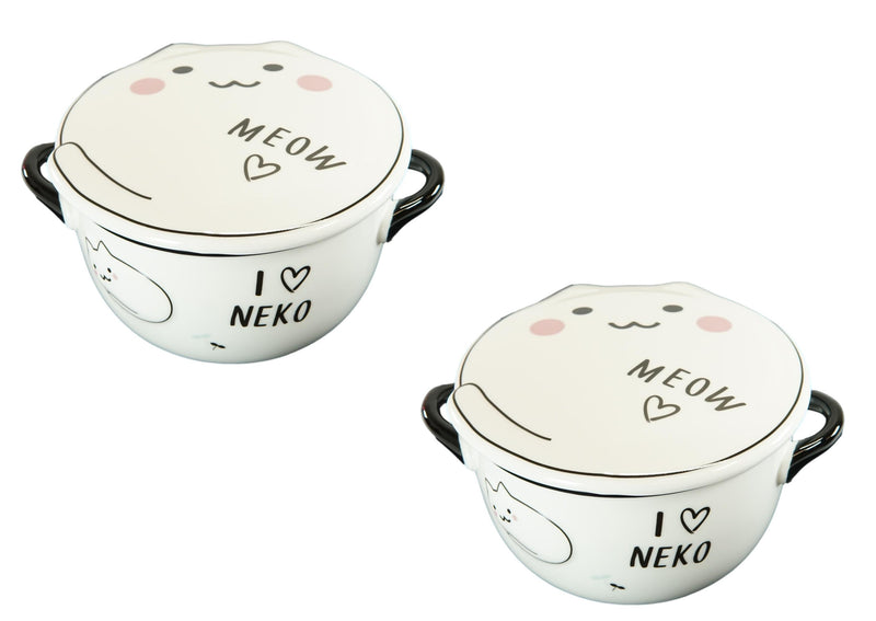 Pack Of 2 White Maneki Neko Lucky Cat Porcelain Kids Food Bowls W/ Lid 25Oz