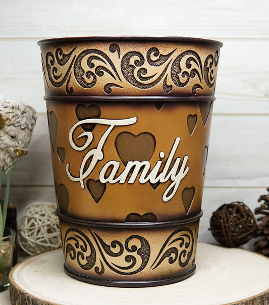 Western Rustic Tuscany Scroll Art Inspirational Family Waste Basket Trash Bin - Ebros Gift