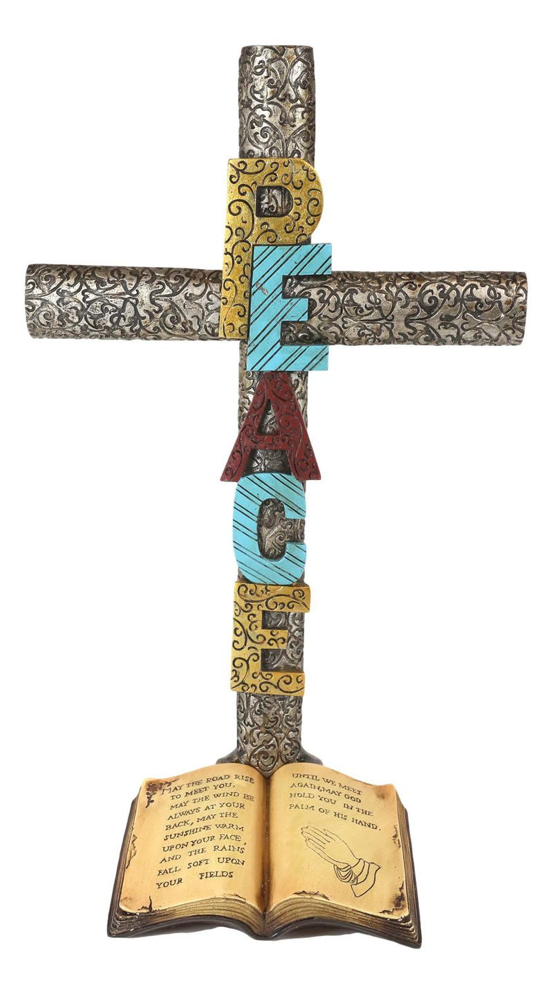 Silver Scroll Filigree Peace Word Sign Standing Cross Desktop Plaque Figurine