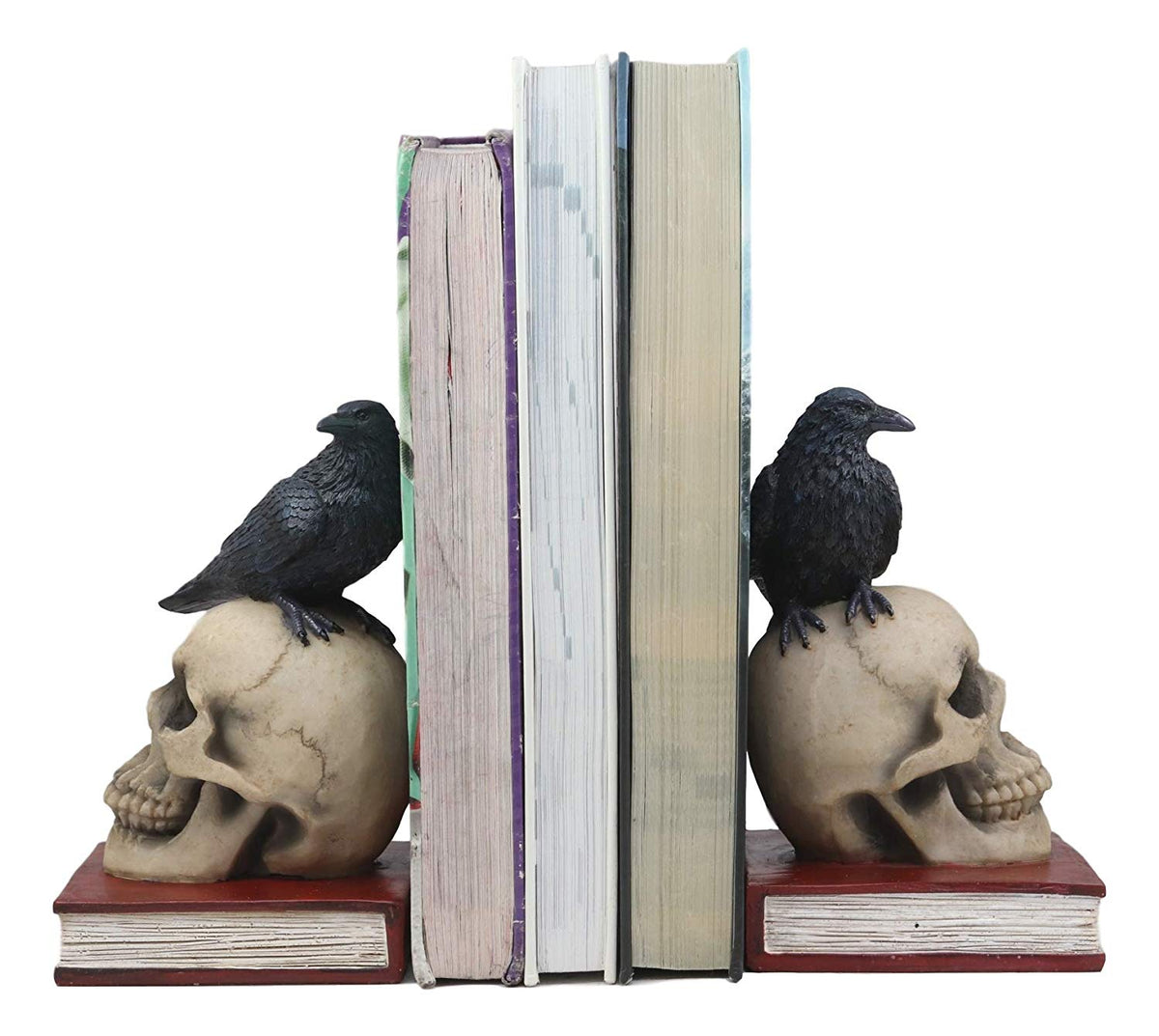 Ebros Raven Crow Perching On Skull with Ancient Book Bookends Set 7.5" Tall - Ebros Gift