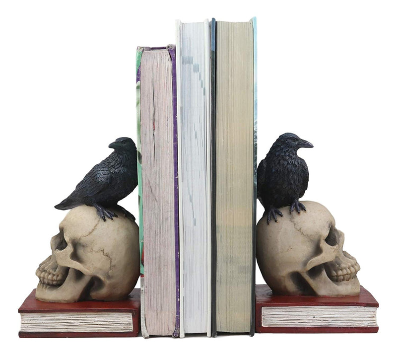 Ebros Raven Crow Perching On Skull with Ancient Book Bookends Set 7.5" Tall