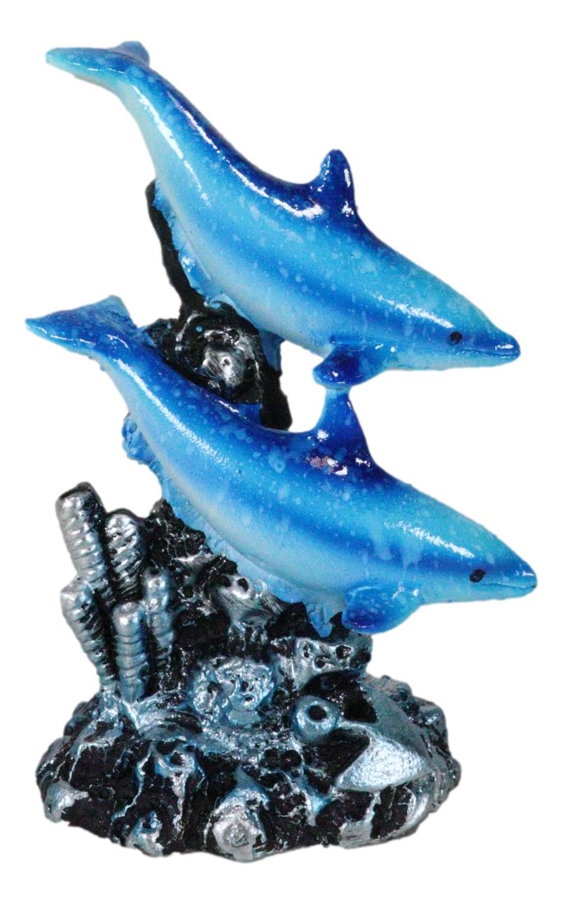 Pack Of 4 Marine Sea Blue Dolphins Swimming By Waves And Coral Reef Figurines - Ebros Gift