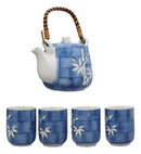 Ebros Gift China Winter White Lucky Bamboo Design Porcelain Soothing Blue Color 20oz Tea Pot and 4 Cups Set Home Decor Asian Living Teapots Teacups Decorative Party Hosting