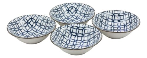 Ebros Made in Japan Blue Geometric Circles Ceramic Bowls Set of 4 Rice Meal Soup Dine