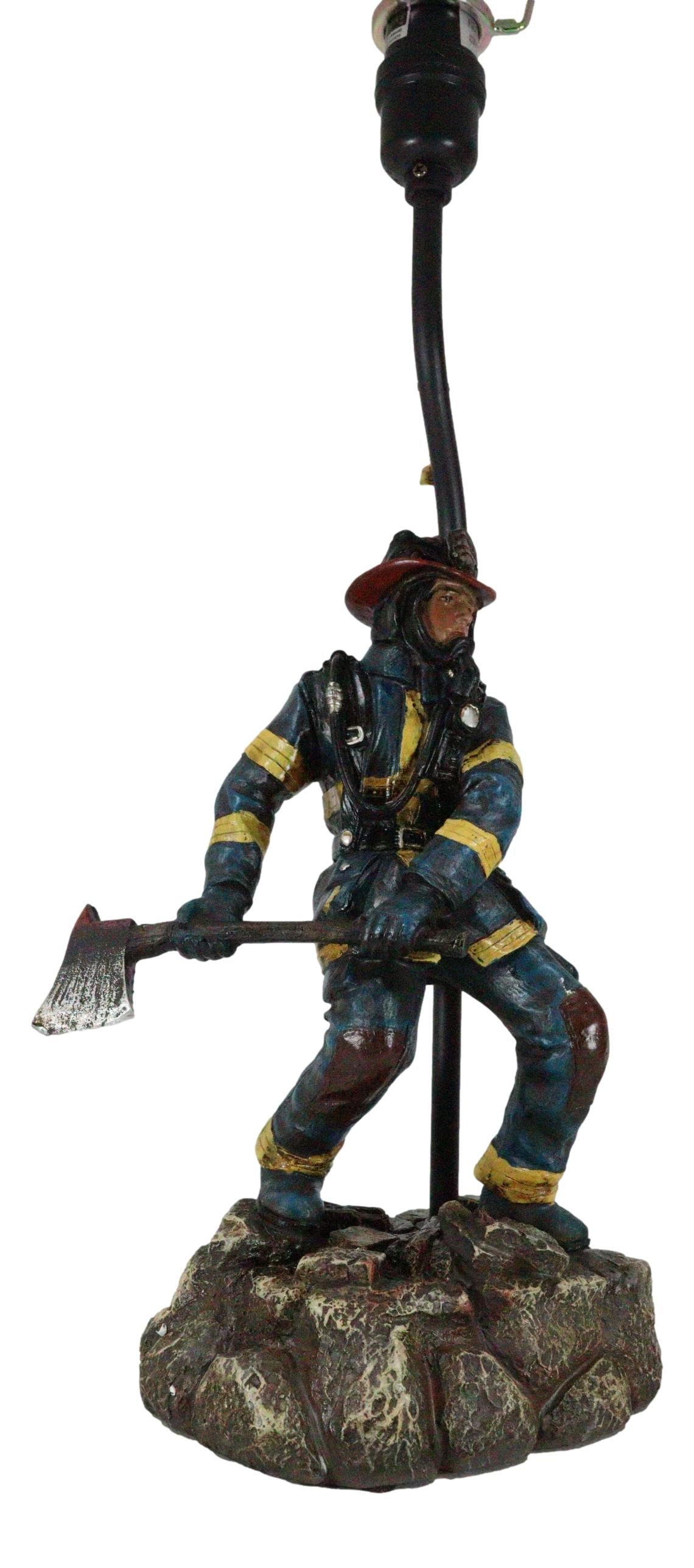 American Hero Fire Fighter Fireman Wielding Axe Table Lamp With Red Shade