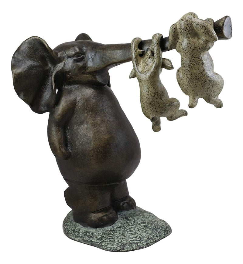 Ebros Aluminum Elephant With Two Playful Rabbits Hanging On Its Trunk Statue