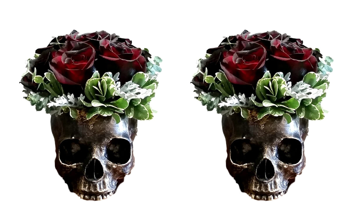 Pack Of 2 Day Of The Dead Skull Planters Bowls 7"L Bronze Finish Decor Accent