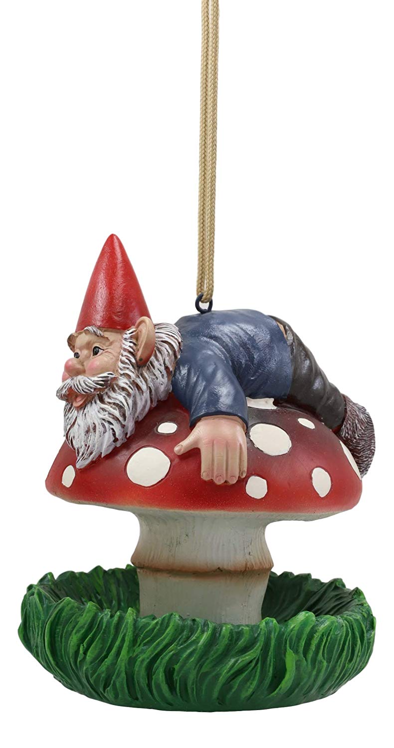 Ebros Naughty Gnome Stuck On Toadstool Mushroom Cap Bird Feeder Branch Hanger - Ebros Gift