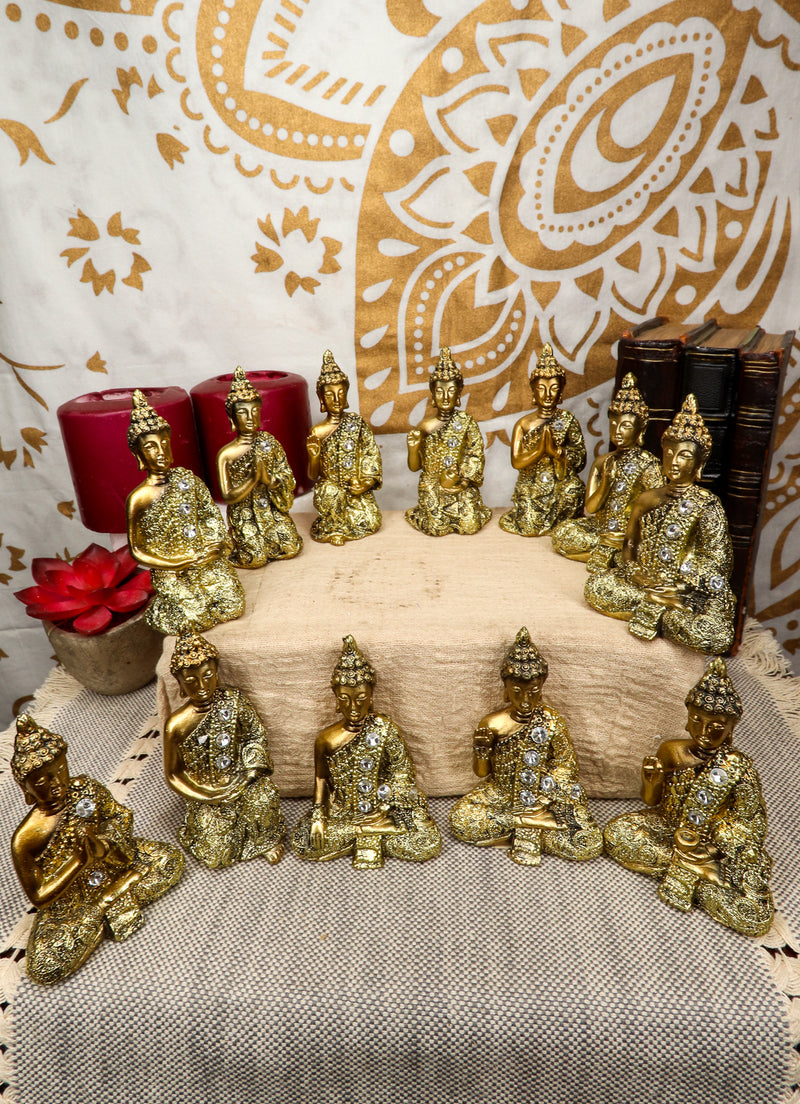 Golden Miniature Meditating Buddha Amitabha Many Mudra Poses Figurine Set of 12